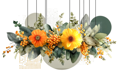 Hanging floral chandelier centerpiece botanical arrangement orange flower yellow flower eucalyptus leaf berry cluster modern decor wedding reception event design elegant style, isolated