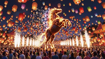 Magnificent fiery horse sculpture rises amidst a sea of glowing sky lanterns at a vibrant night festival captivating a joyous crowd under a magical illuminated 