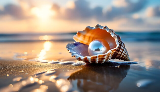 Open seashell with natural pearl inside on a wet sandy beach, soft sunrise light, shallow water reflections, cinematic natural lighting, realistic macro photography, peaceful ocean mood.