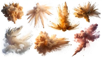 Collection of eight diverse dynamic explosions against a pure white background