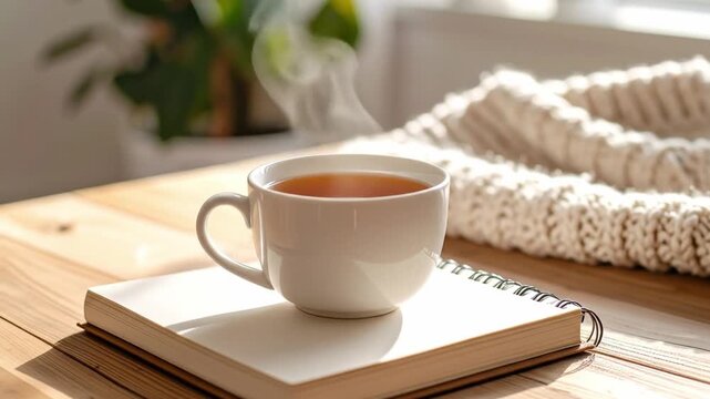 Warm cup of tea on wooden table with notebook and knitted blanket