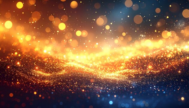 Abstract, glowing, wavy field of glittering golden particles against a dark blue background