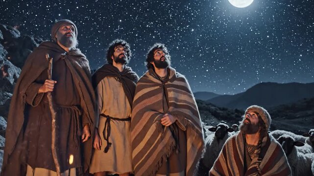 Shepherds by Campfire at Night - Three shepherds and another man watch over their sheep by a warm campfire on a starry night.