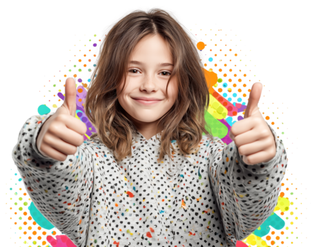 Happy girl thumbs up cheerful smiling child casual hoodie colorful background positive gesture playful youthful portrait, isolated - Powered by Adobe