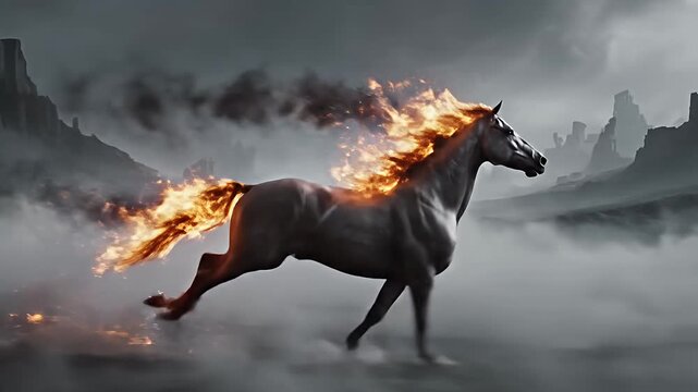 Majestic fire horse galloping powerfully through a dark misty fantasy landscape Dynamic burning steed with a fiery mane and tail running with intensity