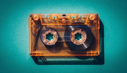 Retro orange transparent audio cassette tape on a vibrant teal background