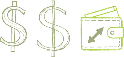 Financial transactions, money management, and budgeting concept illustrated by dollar signs and a wallet icon.