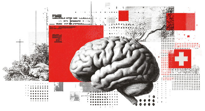 Healthcare brain medical background halftone dots cross anatomy science technology modern healthcare background with brain illustration, halftone dots, medical cross, and abstract, isolated