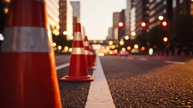 Traffic Cones on Urban Roadway - A row of bright orange traffic cones line a city street at dusk. The background features a soft focus, showing blurred buildings and traffic lights.