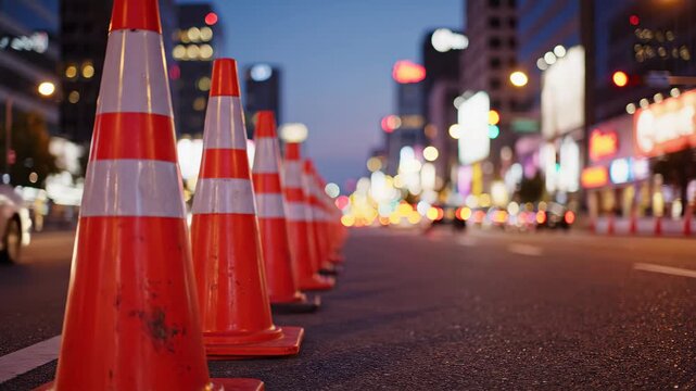 Traffic Cones on Urban Roadway at Night - A row of bright orange traffic cones lines the side of a busy urban road, creating a vibrant contrast against the softly focused city lights in the