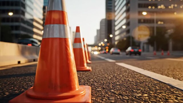 Traffic Cones Lining an Urban Roadway - A row of orange traffic cones lines a street in an urban environment with a soft-focus background. Cars can be seen driving on the road behind the cones.