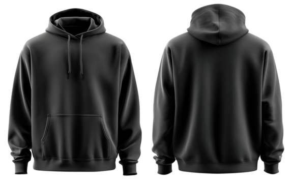 Hoodie sweatshirt mockup black blank front back pullover cotton unisex modern streetwear apparel template with realistic folds, soft texture, kangaroo pocket, adjustable drawstring, isolated