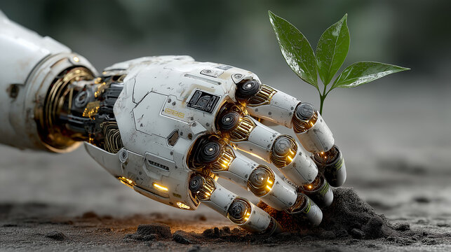 Minimal glowing robot hand gently holding tree plant gardening technology automation concept modern generated AI