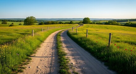 Obraz premium Dirt road winding through green fields under a clear blue sky