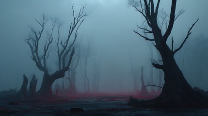 A dead forest shrouded in thick fog, twisted trees with faces screaming in silence, faint red glow seeping from the ground, haunting cinematic lighting 