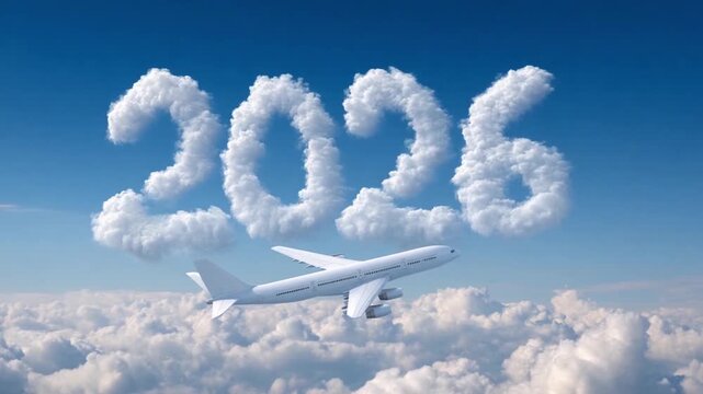A plane flies through the sky as clouds form the year 2026. This moment captures the excitement of the New Year and the spirit of Christmas celebrations approaching