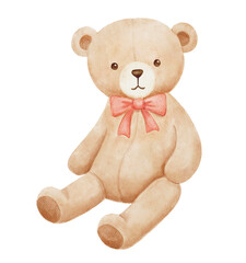 Teddy bear vintage toy with pink bow, watercolor cute illustration isolated on white background