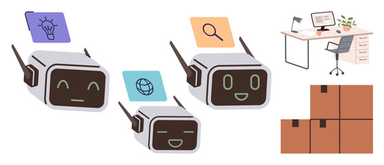 Robots with cheerful faces explore ideas, search the web, and store goods. Includes a tidy desk with a monitor, lamp, chair, and stacked boxes. Ideal for innovation, research AI organization