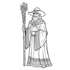 Obraz premium Classic Medieval Wizard Character With Staff and Flowing Robe Simple Illustration