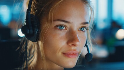Confident young woman working in bright office cinematic closeup portrait professional environment soft lighting