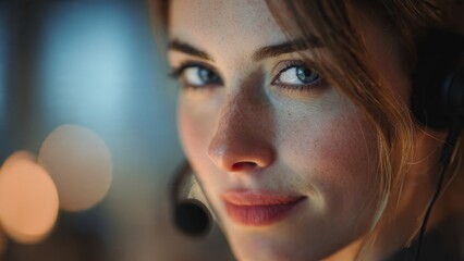 Focused young woman in headset bright office cinematic closeup portrait smooth bokeh professional environment