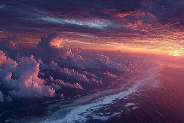 An aerial view of the sea glowing orange and purple as the sun dips below the horizon. Generative AI