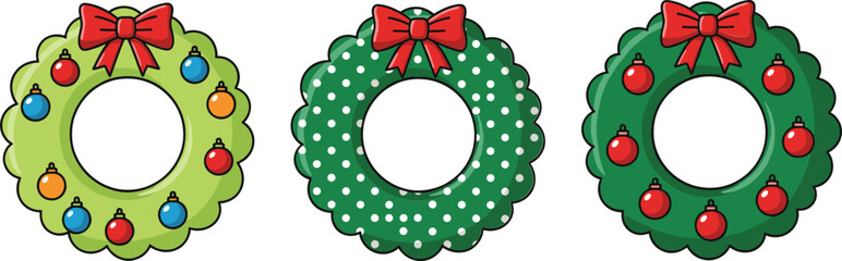 Christmas wreath vector illustration set with festive holiday decorations bows ornaments and round frames