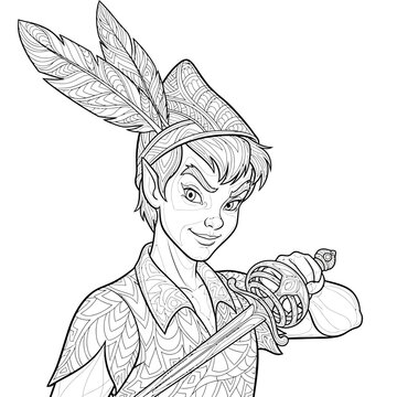 Line Art Drawing of an Iconic Boy Character with Feathered Hat and Bow and Arrow