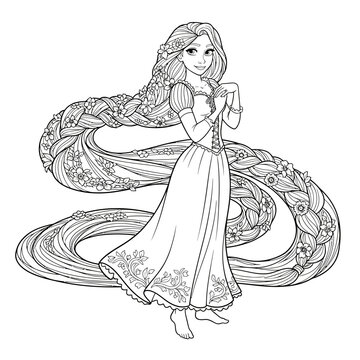 Fairytale Princess Rapunzel Coloring Page Stock Illustration with Long Flowing Hair