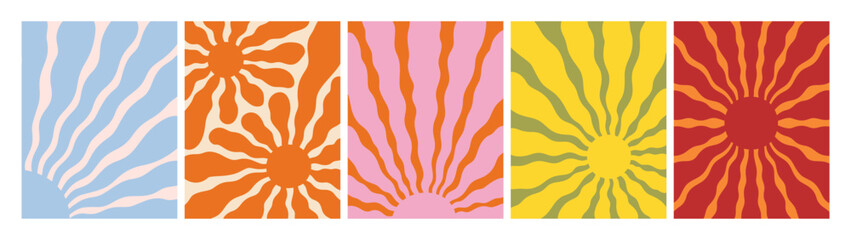 Groovy Sun Background Bundle with Wavy Abstract Burst. Vector Organic Sunbust Pattern Set. Retro Cute Color Graphic Print. Wavy Shape Posters. Abstract sunburst set with psychedelic ray patterns