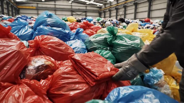 Colorful Plastic Bag Piles at Recycling Center - A vibrant array of neatly stacked plastic bags in red, blue, green, and yellow fill the frame, located at a local market or recycling center.