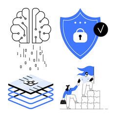 Cybersecurity, artificial intelligence, blockchain, teamwork, data protection, innovation. Brain with binary code, shield with lock blockchain layers people collaborating. Cybersecurity