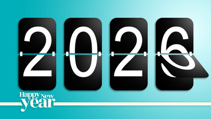 celebrate the upcoming year a modern 2026 flip clock calendar Illustration with a gradient blue background with text Happy New Year