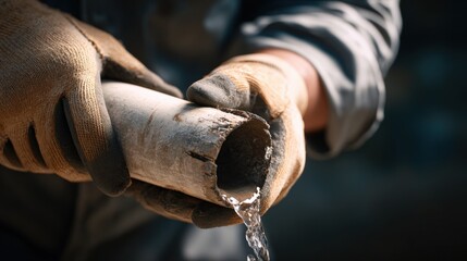Skilled worker in gloves holds a weathered pipe, water flowing from the end, showcasing plumbing expertise and craftsmanship in a well-lit industrial environment
