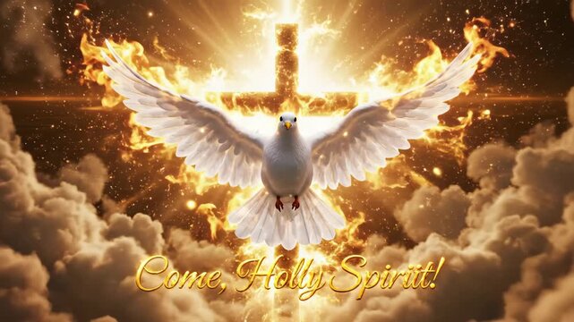 Holy Spirit Dove with Fiery Cross - A white dove is shown bathed in light with fiery golden wings, centered in front of a stylized cross.