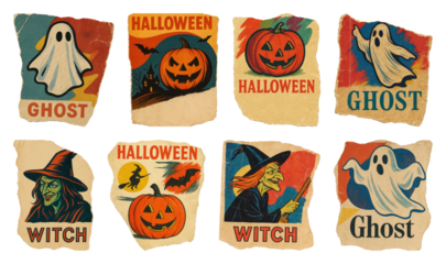 PNG Vintage Halloween poster collection, element set on transparent background