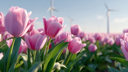 Fototapeta premium Pink tulips blooming in a vibrant field with wind turbines in the background, showcasing the beauty of nature and renewable energy in harmony with the environment