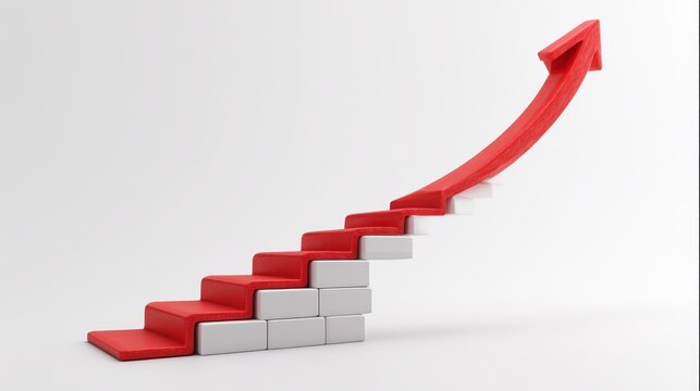 Simple cartoon 3D red arrow pointing up on staircase with four steps, white background, minimal 2D illustration for growth and progress concept.
