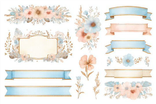 Elegant scrapbook kit with hand-drawn watercolor floral frames, banners, decorative ribbons, flowers and botanical accents