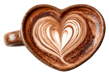 Heart cup latte art coffee swirl double heart cocoa foam creamy texture barista craft warm tone ceramic mug top view heart shaped cup with latte art shows flowing double heart pattern, isolated