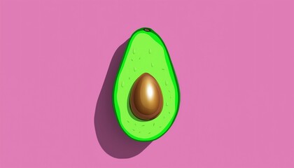 Stylized avocado half with a shiny golden egg on a vibrant pink background