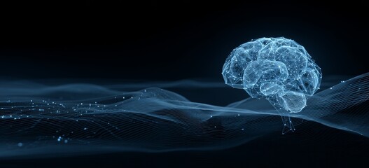 Blue digital brain with glowing connections floating on abstract wave pattern, symbolizing artificial intelligence technology.