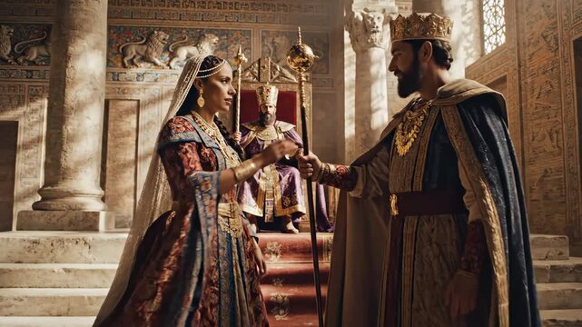Queen Esther Approaching the King - A scene depicts Queen Esther approaching King Artaxerxes in a grand palace hall, showcasing a reenactment of the biblical story.