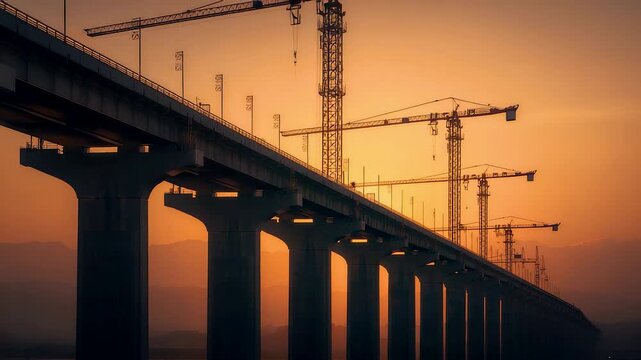 Massive bridge construction at sunrise with tall cranes, long concrete pillars, warm golden light, and expansive engineering work creating a dramatic landscape