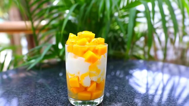 manggo cubes with cream in glass