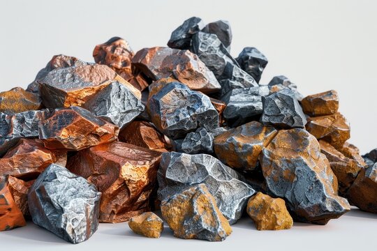 Pile of various iron and copper rocks on white background, metallic material resource concept.