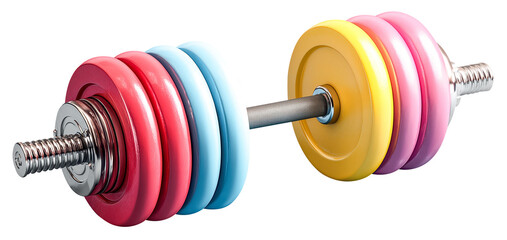 Colorful dumbbell adjustable weight fitness equipment gym training chrome handle rubber plate pastel color home workout strength exercise healthy lifestyle motivation energizing gear, isolated