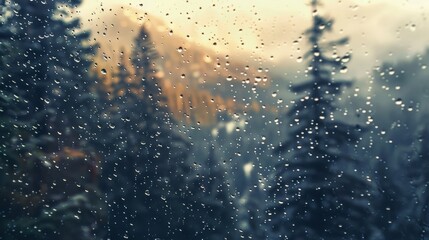 Obraz premium Vintage style double exposure of raindrops on window with winter forest mountains, soft tones and snowstorm film grain effect.