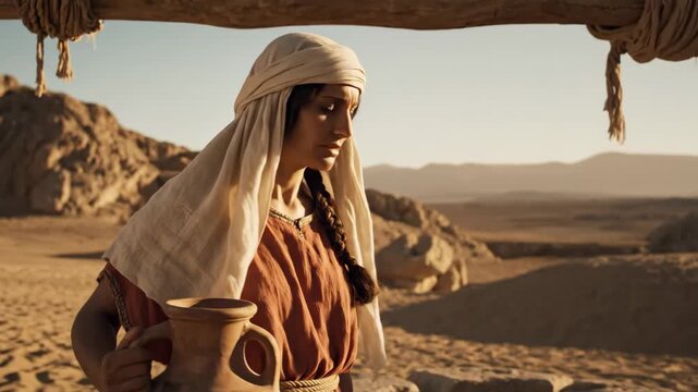 Samaritan Woman in Desert Landscape - This video shows a woman in biblical attire holding a ceramic jar, set against a desert landscape. The scene evokes a sense of history and religious narrative.