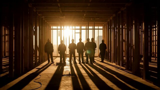 Construction workers standing inside unfinished building framework at sunrise with long shadows, warm golden light, and strong architectural structure